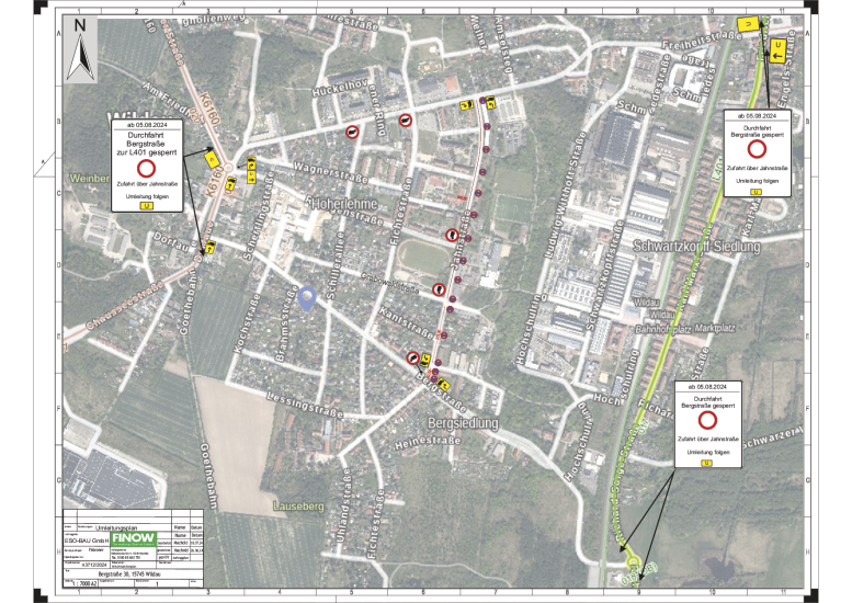 Übersichtskarte mit Straßensperrungen in Wildau